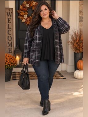 dressbarn Plaid Cardigan - Black and Pink